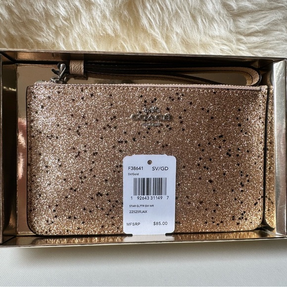 Authentic NWT Coach Rose Gold with Silver Glitter Wristlet Wallet Clutch Pouch - Picture 6 of 6